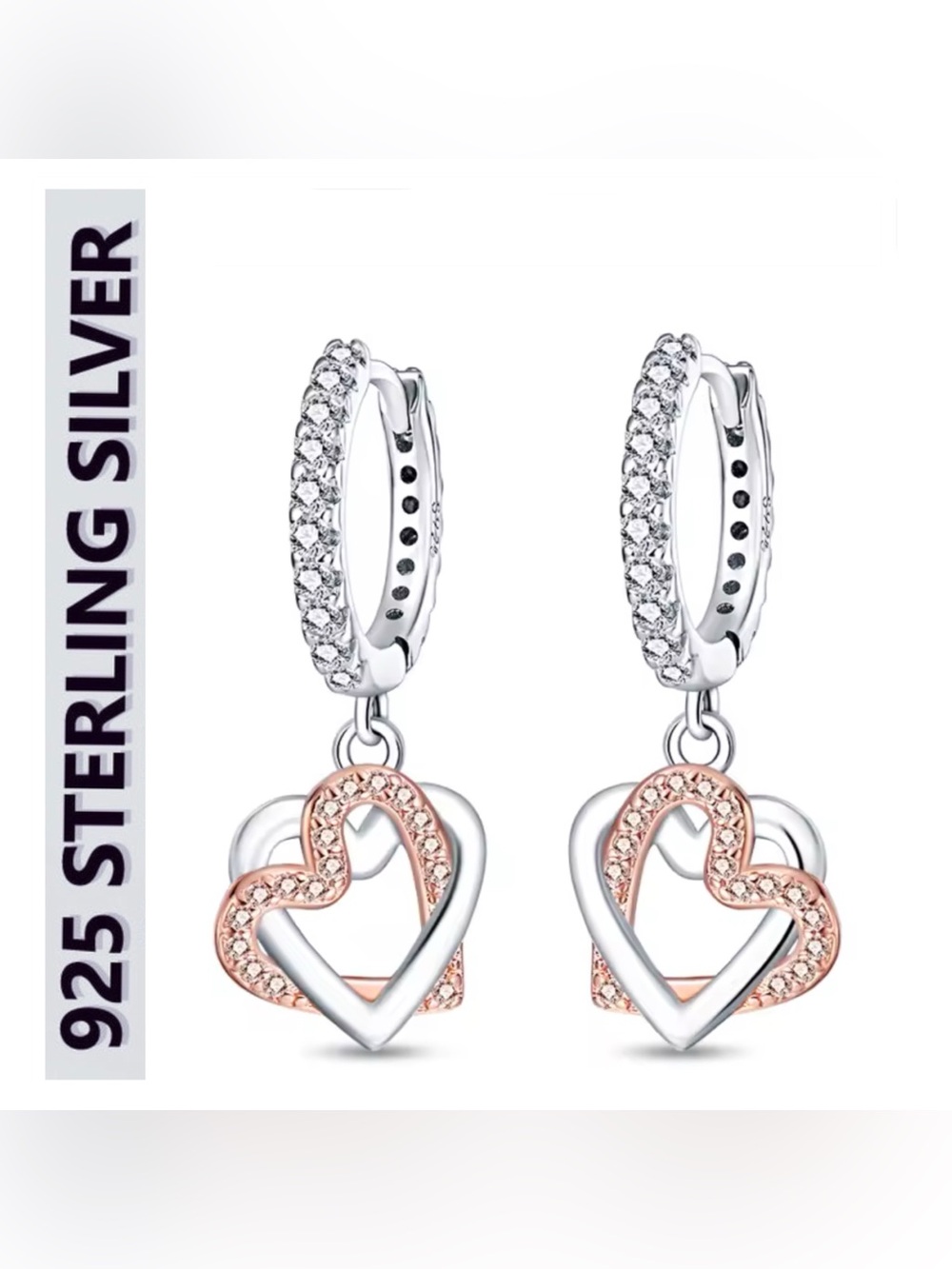 🌟🌟 S925 Sterling Silver Two-Tone Heart Drop Hoop Earrings - Silver & Rose Gold